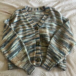 LOFT V-Neck Striped Button Down Sweater, Size Medium